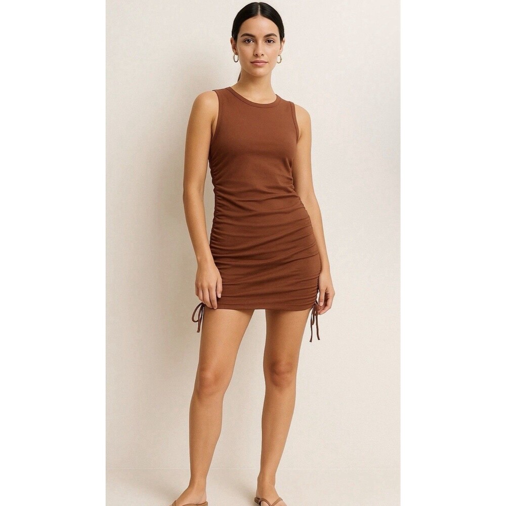 Good American Womens Size 1 Brown Side Ruched Tank Mini Dress Organic Cotton